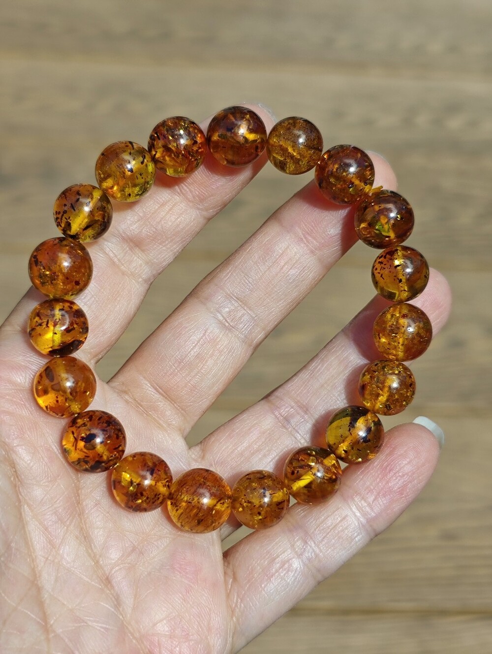 The Golden Firework: Genuine Baltic Amber "Sun Spangles" Round Bead Bracelet